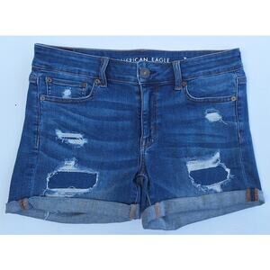 American Eagle Women's Midi Distressed Denim Shorts Blue Size 8 Rolled Hem